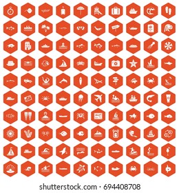 100 ocean icons set in orange hexagon isolated vector illustration