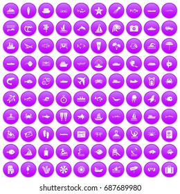 100 ocean icons set in purple circle isolated on white vector illustration