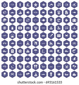 100 ocean icons set in purple hexagon isolated vector illustration