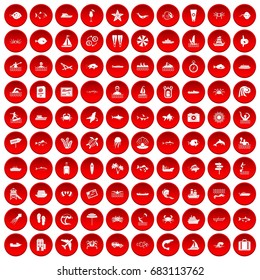 100 ocean icons set in red circle isolated on white vector illustration