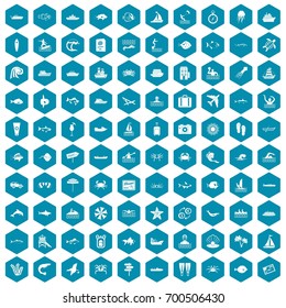 100 ocean icons set in sapphirine hexagon isolated vector illustration