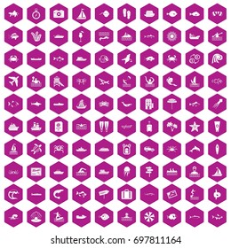 100 ocean icons set in violet hexagon isolated vector illustration