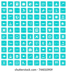 100 oceanologist icons set in grunge style blue color isolated on white background vector illustration
