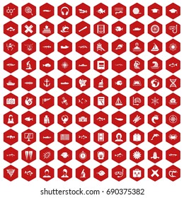 100 oceanologist icons set in red hexagon isolated vector illustration