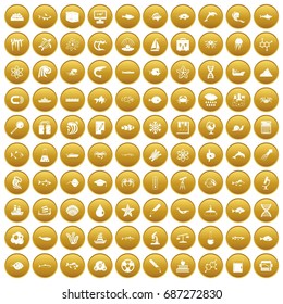 100 oceanology icons set in gold circle isolated on white vectr illustration