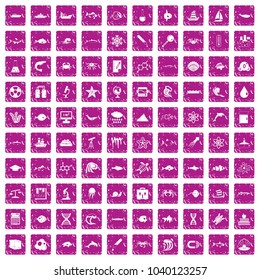 100 oceanology icons set in grunge style pink color isolated on white background vector illustration
