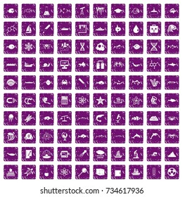 100 oceanology icons set in grunge style purple color isolated on white background vector illustration