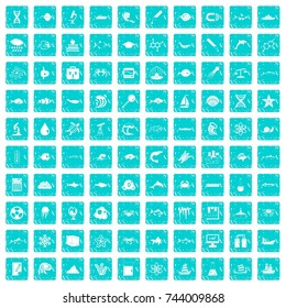 100 oceanology icons set in grunge style blue color isolated on white background vector illustration