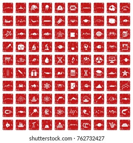 100 oceanology icons set in grunge style red color isolated on white background vector illustration