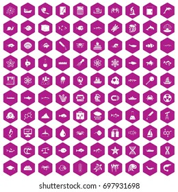 100 oceanology icons set in violet hexagon isolated vector illustration