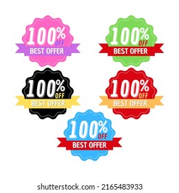 100% de descuento, mejor conjunto de diferentes insignias de promoción de descuento Diseño de ilustraciones gráficas vectoriales