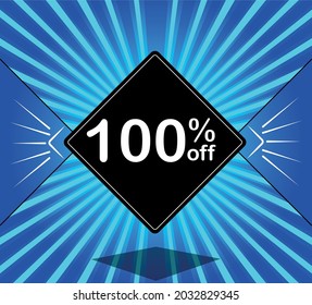 100% de descuento. Banner azul - globo negro para grandes ventas.