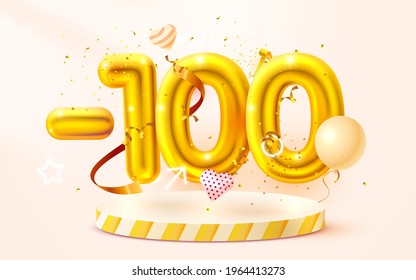 100% Off. Discount creative composition. 3d Golden sale symbol with decorative objects, heart shaped balloons, golden confetti, podium and gift box. Sale banner and poster. Vector illustration.