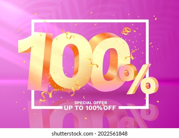 100 Off. Discount creative composition. 3d Golden sale symbol with decorative objects,  golden confetti. Sale banner and poster. Vector illustration.