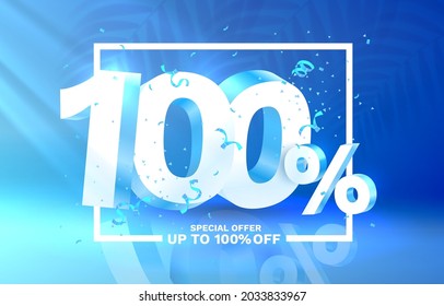 100 Off. Discount creative composition. 3d sale symbol with decorative objects. Sale banner and poster. Vector illustration.