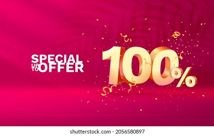 100 Off. Discount creative composition. 3d Golden sale symbol with decorative objects, golden confetti. Sale banner and poster. Vector illustration.