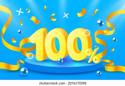 100 Off. Discount creative composition. 3d sale symbol with decorative objects, golden confetti, podium and gift box. Sale banner and poster. Vector illustration.