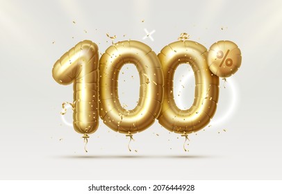 100 Off. Discount creative composition. 3d Golden sale symbol with decorative objects, heart shaped balloons, golden confetti, podium and gift box. Sale banner and poster. Vector illustration.