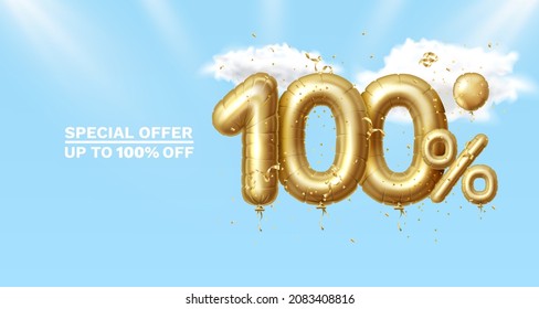 100 Off. Discount creative composition. 3d Golden sale symbol with decorative objects, heart shaped balloons, golden confetti, podium and gift box. Sale banner and poster. Vector illustration.