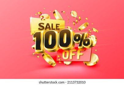 100 Off. Discount creative composition. 3d sale symbol with decorative objects, golden confetti, podium and gift box. Sale banner and poster. Vector illustration.