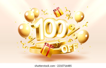 100 Off. Discount creative composition. 3d sale symbol with decorative objects, golden confetti, podium and gift box. Sale banner and poster. Vector illustration.