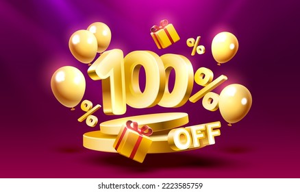 100 Off. Discount creative composition. 3d sale symbol with decorative objects, golden confetti, podium and gift box. Sale banner and poster. Vector illustration.