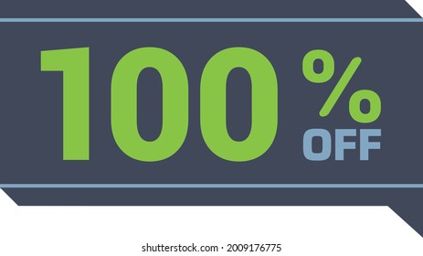 100% de descuento. descuento en la etiqueta de venta gris oscuro y verde, caja de texto de tarjeta de regalo. número de descuento porcentual en la insignia. Sello de oferta plana. para uso en tiendas online, folletos y marketing digital