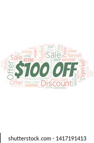 $100 Off word cloud. Wordcloud made with text only.