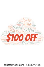 $100 Off word cloud. Wordcloud made with text only.