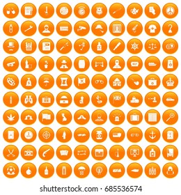 100 offence icons set in orange circle isolated on white vector illustration
