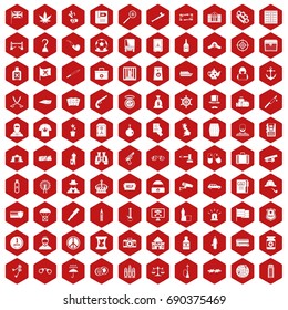 100 offence icons set in red hexagon isolated vector illustration