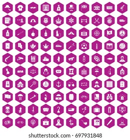 100 offence icons set in violet hexagon isolated vector illustration