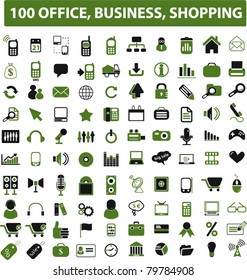 100 Office, Business, Shopping Green Icons, Signs, Vector Illustrations