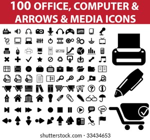 100 ofimática, computadora, flechas, iconos de medios. vector