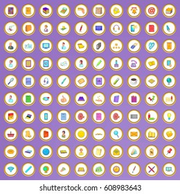 100 office document icons set in cartoon style on purple background vector illustration