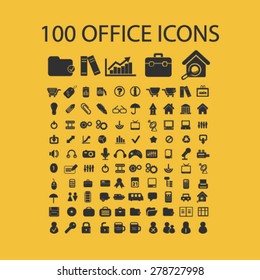 100 office, document, workplace icons, signs, illustrations set, vector