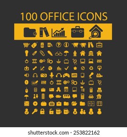 100 office, document, workspace, workplace, administration isolated flat icons, signs, symbols illustrations, images, silhouettes on background, vector