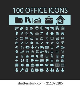 100 Büros, Dokumente schwarze isolierte Symbole, Zeichen, Silhouetten, Illustrationen Set, Vektorgrafik
