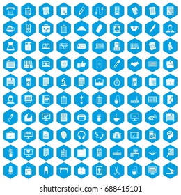 100 office icons set in blue hexagon isolated vector illustration