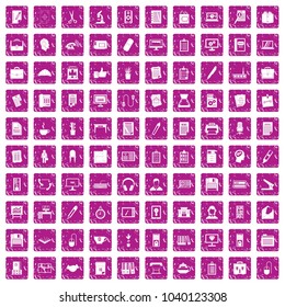 100 office icons set in grunge style pink color isolated on white background vector illustration