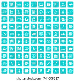 100 office icons set in grunge style blue color isolated on white background vector illustration