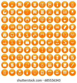 100 office icons set in orange circle isolated on white vector illustration