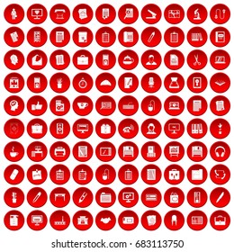 100 office icons set in red circle isolated on white vector illustration