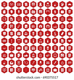 100 office icons set in red hexagon isolated vector illustration