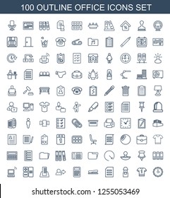 100 office icons. Trendy office icons white background. Included outline icons such as wall clock, t shirt, worker, paper, stapler, calculator. office icon for web and mobile.