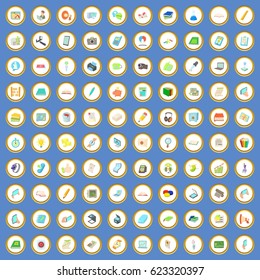 100 office supplies icons circle set on blue background cartoon style vector illustration