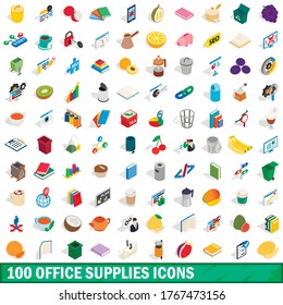 100 office supplies icons set in isometric 3d style for any design vector illustration