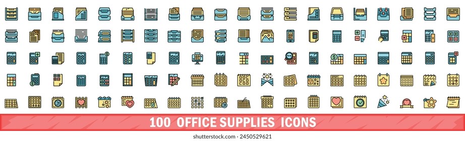 100 office supplies icons set. Color line set of office supplies vector icons thin line color flat on white