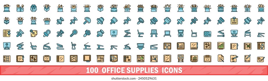 100 office supplies icons set. Color line set of office supplies vector icons thin line color flat on white