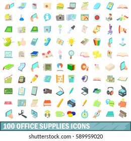 100 office supplies icons set in cartoon style for any design vector illustration